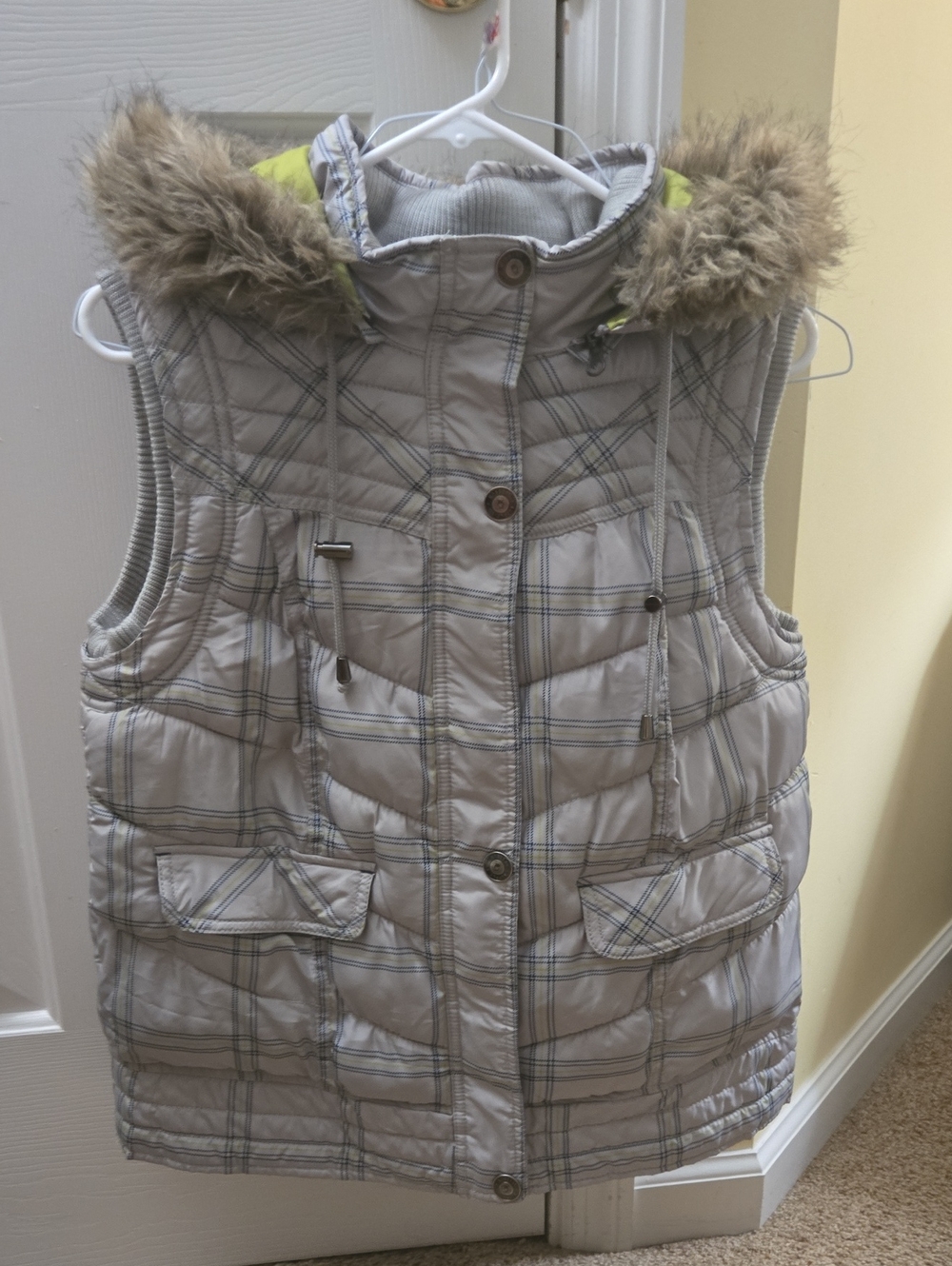 Mossimo Supply Co. Plaid Quilted Puffer Vest with Faux Fur Hood - Gray & Lime